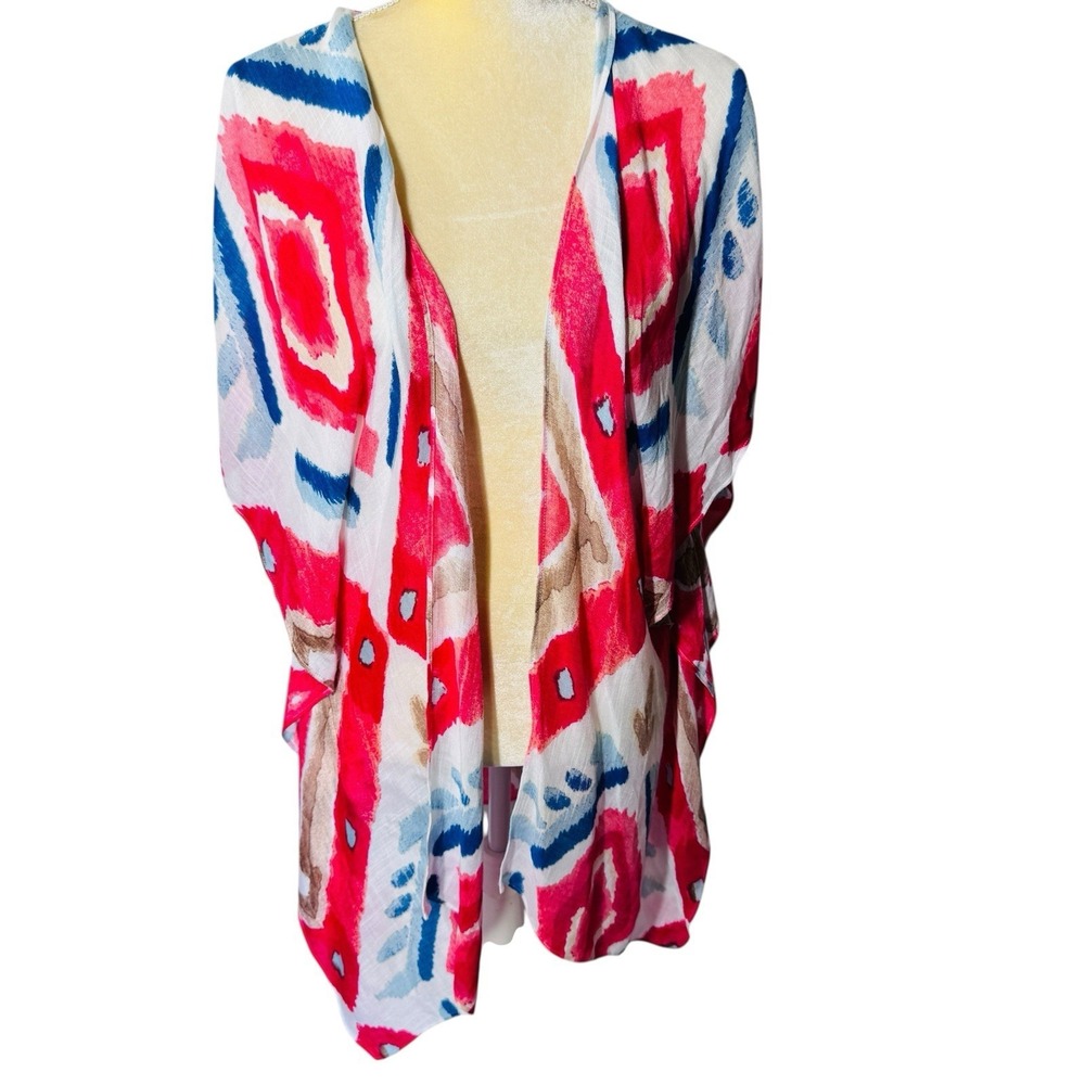 Chico's S/M‎ Sheer Open Front Kimono Cardigan Red Blue Abstract Boho